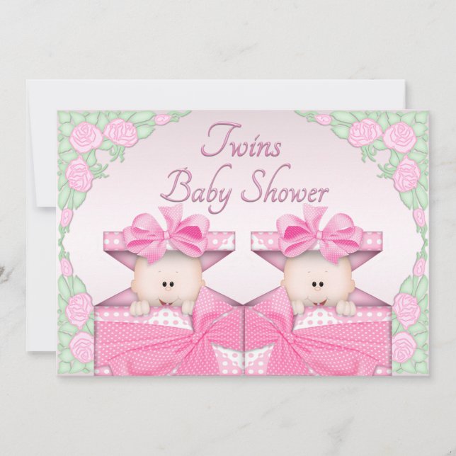 Invitación Chicas gemelos en los rosas Baby Shower de la caja (Anverso)