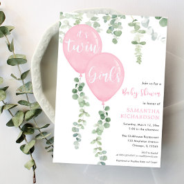 Invitación chicas gemelos eucalipto globos rosados ducha bebé
