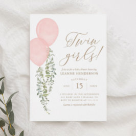 Invitación Chicas gemelos Eucalyptus Baby Shower con globo ro