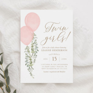 Invitación Chicas gemelos Eucalyptus Baby Shower con globo ro