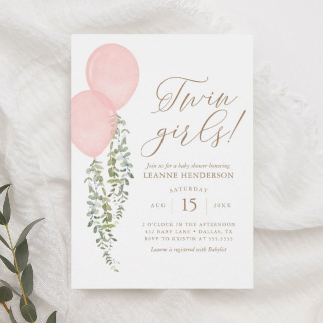 Invitación Chicas gemelos Eucalyptus Baby Shower con globo ro (Subido por el creador)