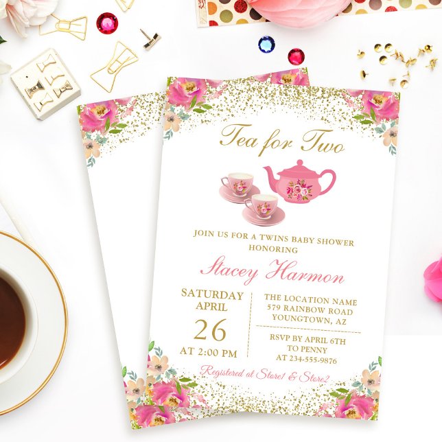 Invitación Chicas gemelos Fiesta de té rosado floral de oro B (Subido por el creador)