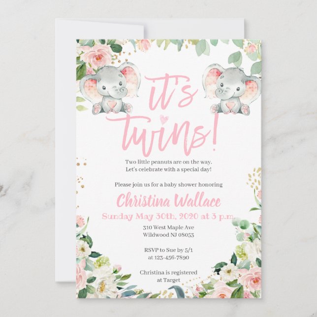 Invitación Chicas gemelos invitan a ducharse con elefantes (Anverso)