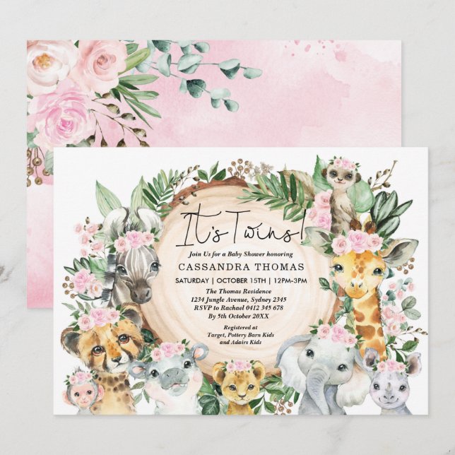 Invitación Chicas gemelos juntan animales Fiestas de Safari B (Anverso / Reverso)