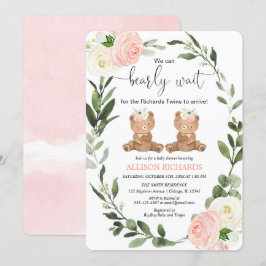 Invitación Chicas gemelos lindo oso de peluche rosa floral du