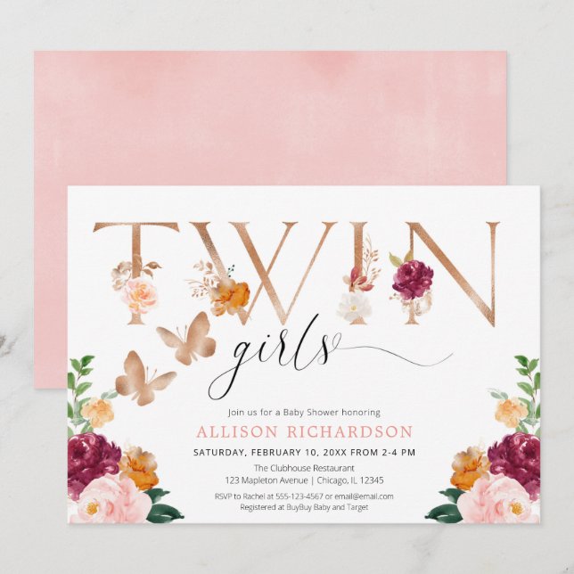 Invitación Chicas gemelos mariposa rosa oro rosa elegante flo (Anverso / Reverso)