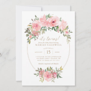 Invitación Chicas gemelos Pink Gold Floral Greeneration Baby