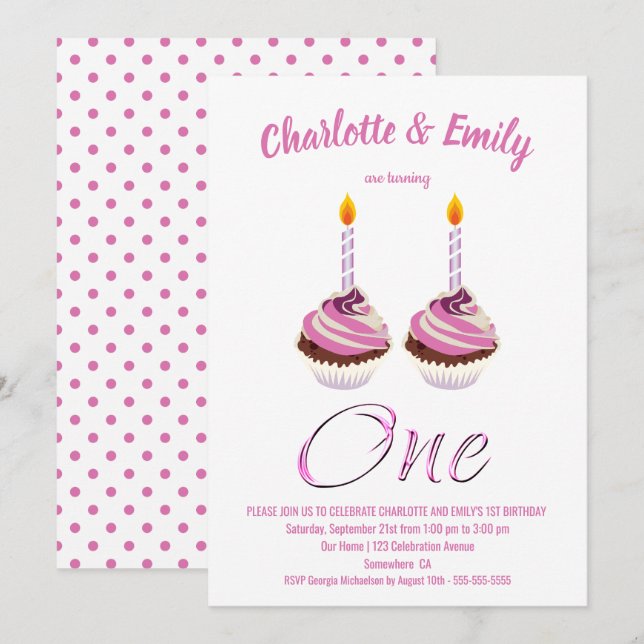 Invitación Chicas gemelos Primer cumpleaños Fiesta de pasteli (Anverso / Reverso)