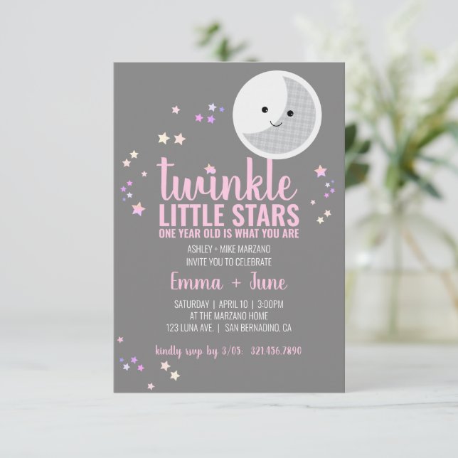 Invitación chicas gemelos  primer FIESTA de CUMPLEAÑOS (Anverso de pie)