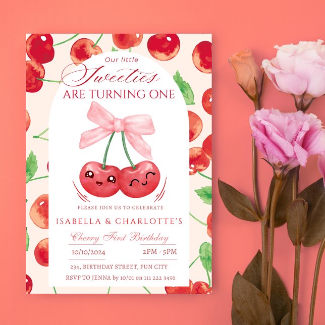 Invitación Chicas gemelos primero y primero a cualquier edad  (Twin Girls Cherry First 1st Any Age Birthday Invitation)