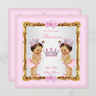 Invitación Chicas gemelos Princess Baby Shower Gold Brunette 