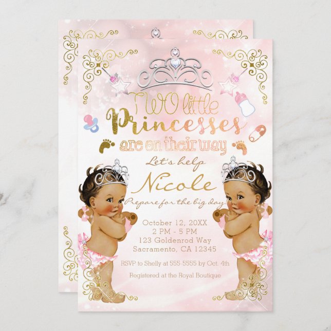 Invitación Chicas gemelos Princess Sparkle (Anverso / Reverso)