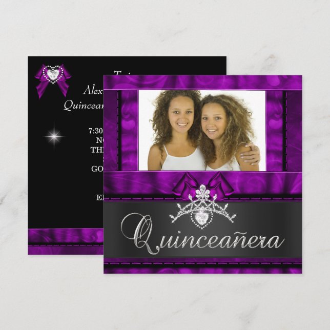 Invitación Chicas gemelos Purple Quinceanera 15º cumpleaños (Anverso / Reverso)
