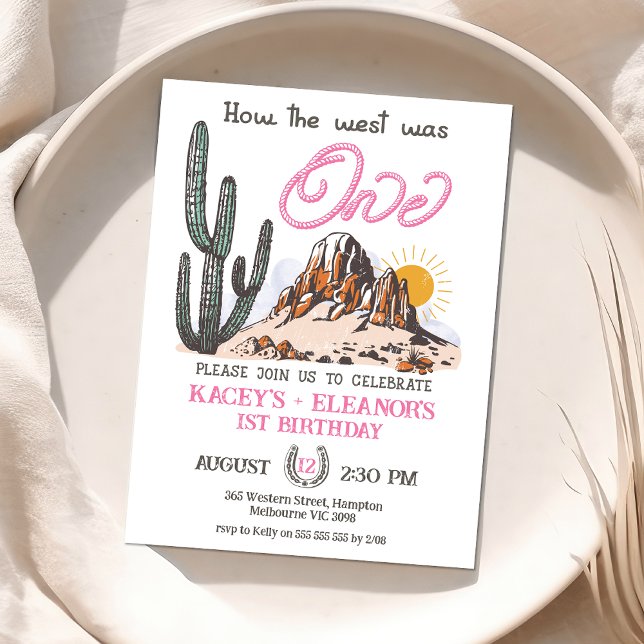 Invitación Chicas Gemelos Retro Cómo Occidente Era Un Primer  (Twin Girls How the West Was One 1st Birthday Invitation Western First Birthday Invite Baby Girls)