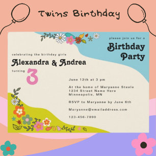 Invitación Chicas gemelos retro  de los años 70 en la fiesta 