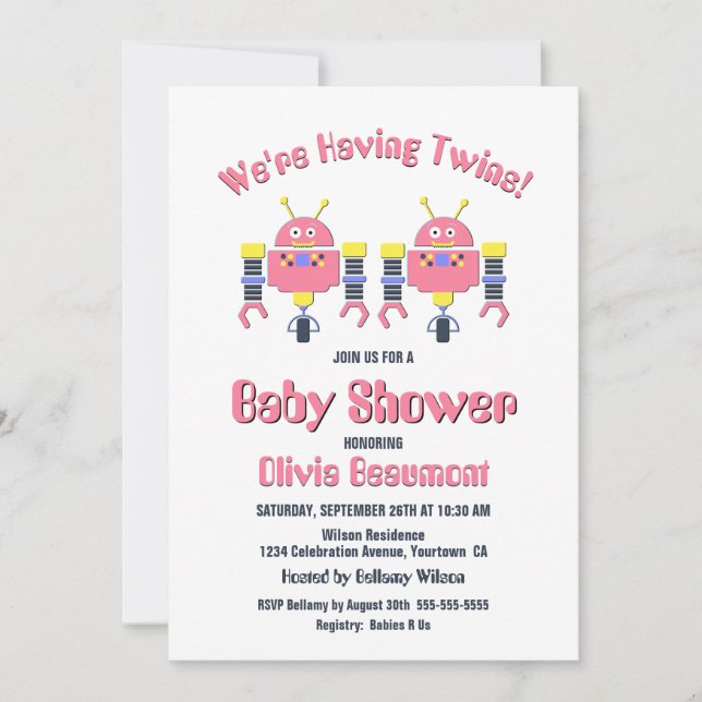Invitación Chicas gemelos Robot rosado Baby Shower (Anverso)