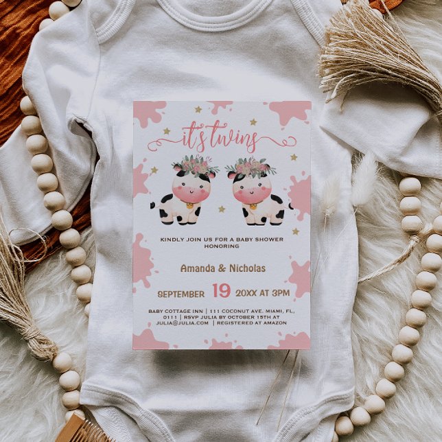 Invitación Chicas gemelos Rosa Boho Holy Cow Baby Shower (Subido por el creador)