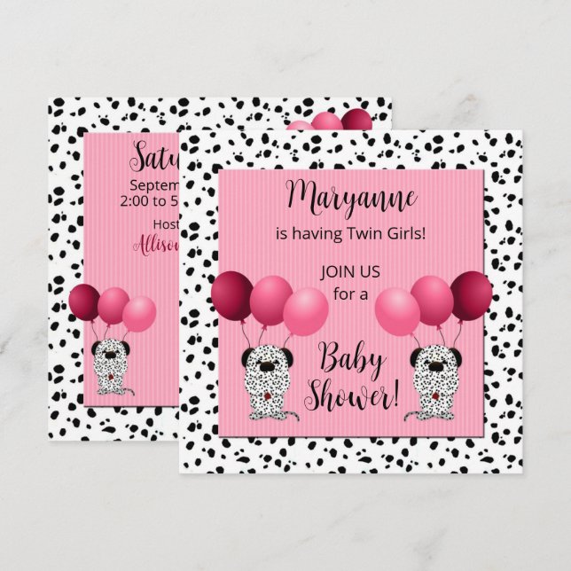 Invitación Chicas gemelos Rosa Dalmatian Baby Shower (Anverso / Reverso)