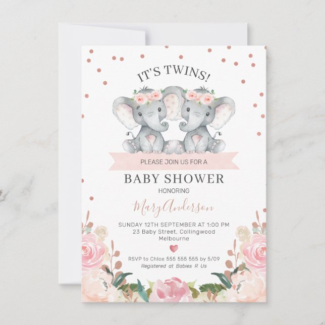 Invitación Chicas gemelos rosados Elefantes Baby Shower (Anverso)