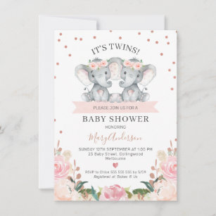 Invitación Chicas gemelos rosados Elefantes Baby Shower