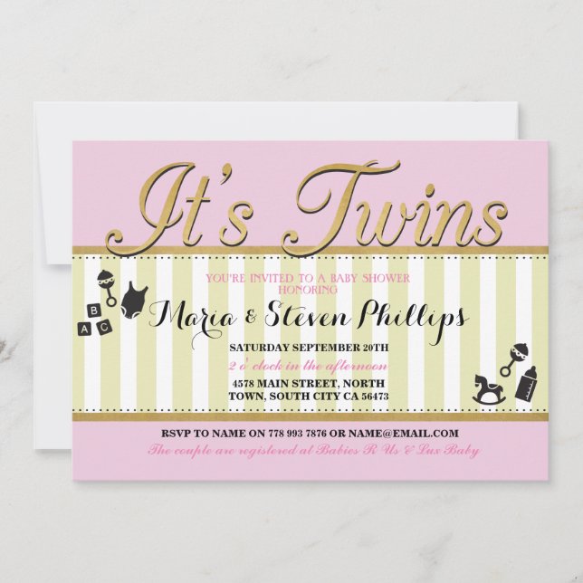 Invitación Chicas gemelos rosados Gold Baby Shower Stripe Inv (Anverso)