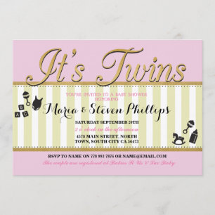 Invitación Chicas gemelos rosados Gold Baby Shower Stripe Inv