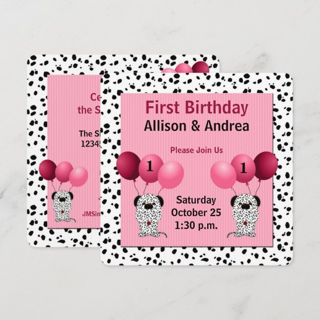 Invitación Chicas gemelos rosados Primer Fiesta de cumpleaños (Anverso / Reverso)