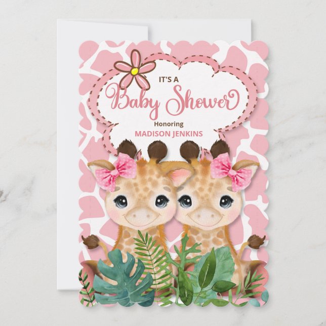 Invitación Chicas gemelos rosan la jungla Baby Shower (Anverso)