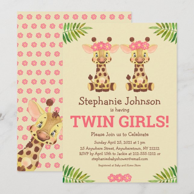 Invitación Chicas gemelos Safari Giraffe Cute Baby Shower (Anverso / Reverso)