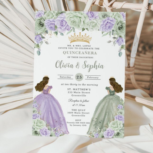 Invitación Chicas gemelos Sage Green Purple Floral Quinceañer (Subido por el creador)