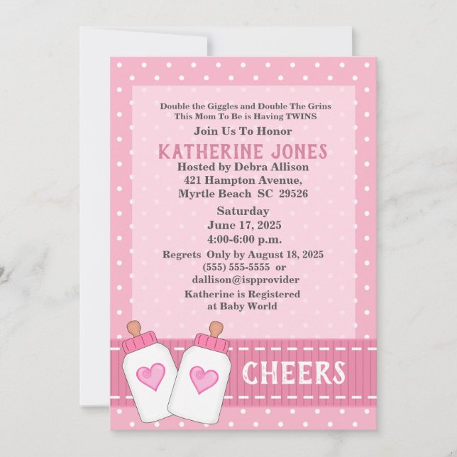 Invitación Chicas gemelos saludan a las botellas de leche Bab (Anverso)