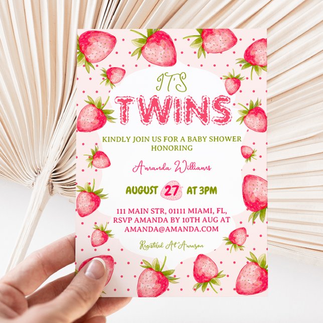 Invitación Chicas gemelos Strawberry Green Cute Baby Shower (Subido por el creador)
