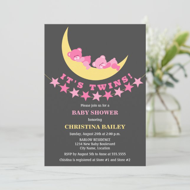 Invitación Chicas gemelos Teddy Bear Baby Shower (Anverso de pie)