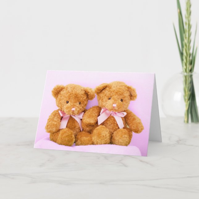 Invitación Chicas gemelos Teddy Bears Baby Shower Greeting Ca (Anverso)