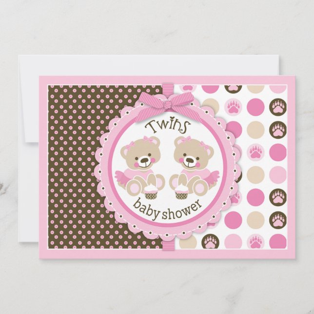 Invitación Chicas gemelos Teddy Bears Tutus Baby Shower (Anverso)