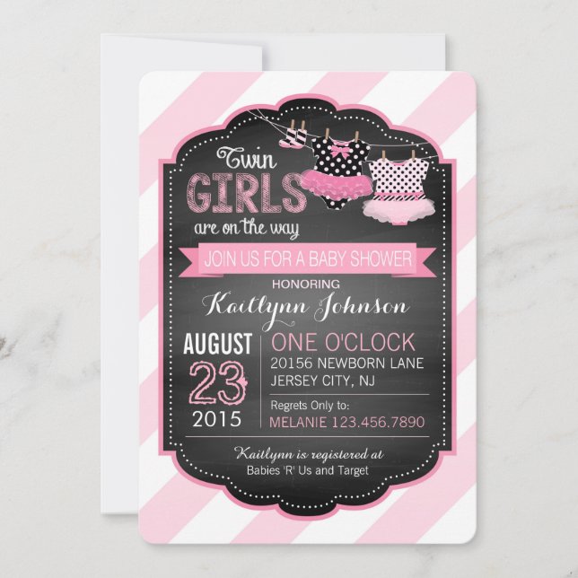 Invitación Chicas gemelos Tutu y Stripe Baby Shower (Anverso)