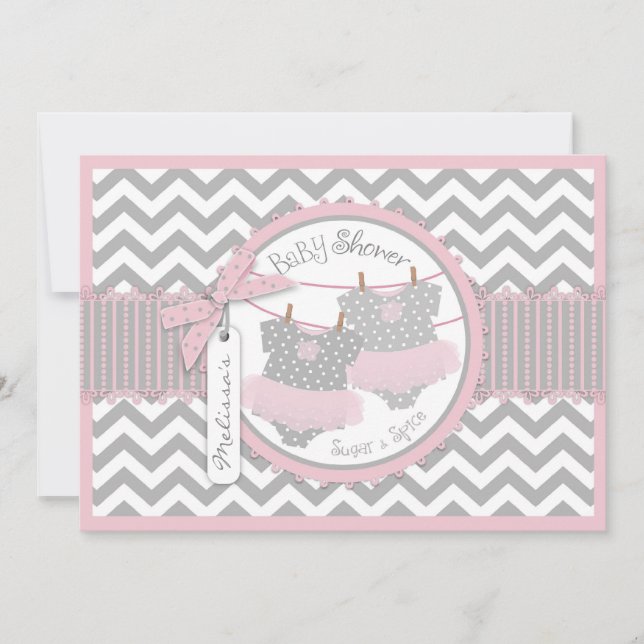 Invitación Chicas gemelos Tutus Chevron Imprimir Baby Shower (Anverso)