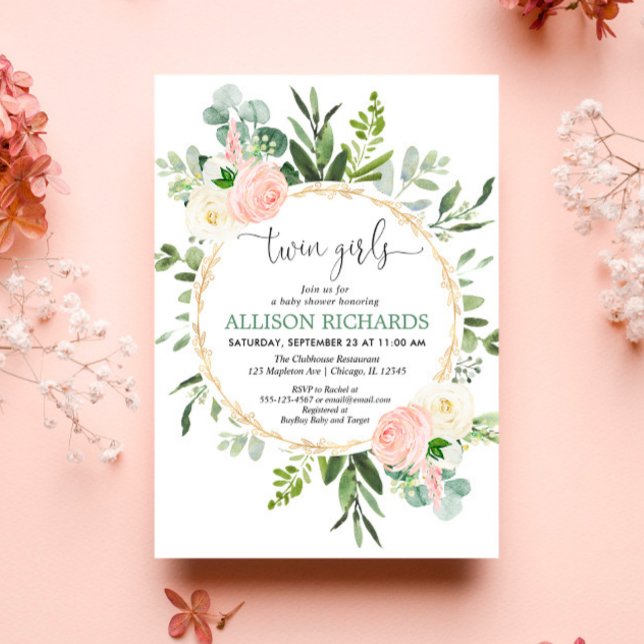 Invitación Chicas gemelos verde oro rosa floral ducha bebé (Subido por el creador)