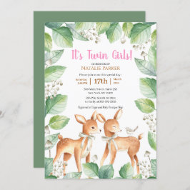 Invitación Chicas gemelos Woodland Deer Floral Baby Shower
