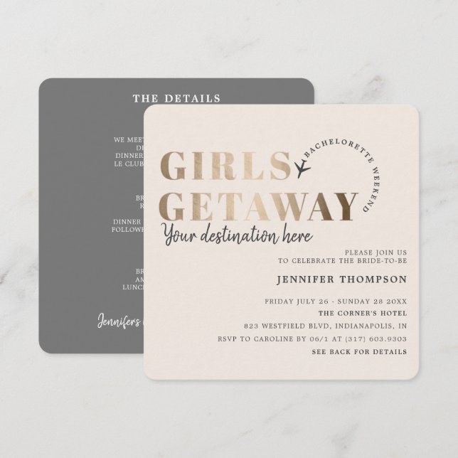 Invitación Chicas Getaway Taupe & Gold Bachelorette Weekend (Anverso / Reverso)