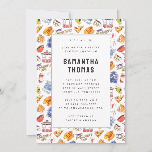 Invitación Chicas Gilmore Watercolor Iconos Bridal Shower (Anverso)