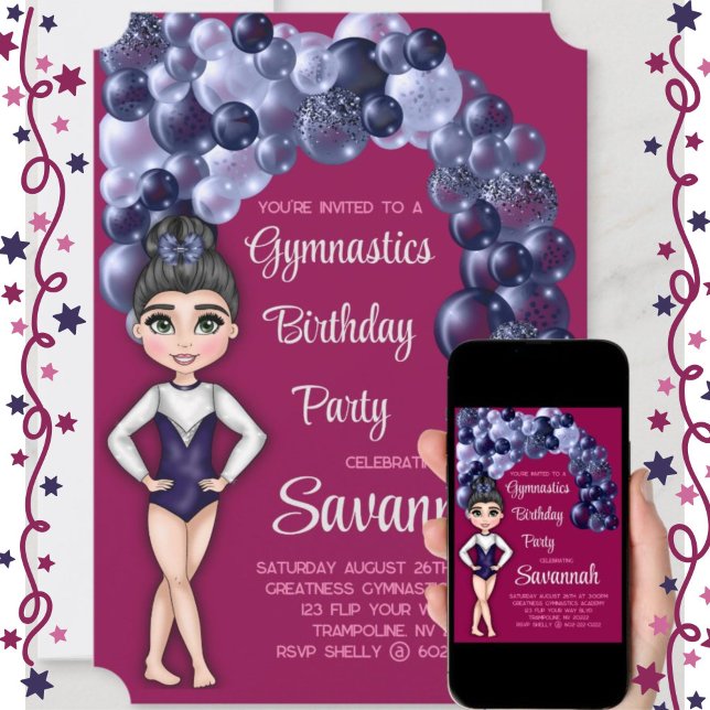 Invitación Chicas Gimnasia Partido de Cumpleaños Azul y Magen (Beautiful Gymnastics Girls Birthday Party Invitation with blue sparkle balloon arch)