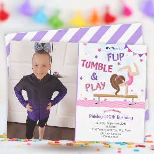 Invitación Chicas Gimnasia Púrpura Foto Partido Cumpleaños