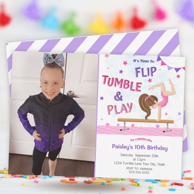 Invitación Chicas Gimnasia Púrpura Foto Partido Cumpleaños (Girls Purple Gymnastics Photo Birthday Party Invitation)