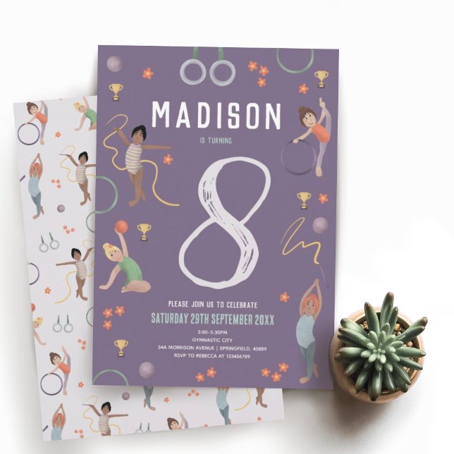 Invitación Chicas Gimnasia Púrpura Moderna Niños Cumpleaños (Subido por el creador)