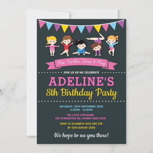 Invitación Chicas Gimnastic Birthday Fiesta Pink Chalkboard (Anverso)