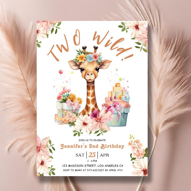 Invitación Chicas Giraffe 2º cumpleaños Safari rosa Dos salva (Subido por el creador)