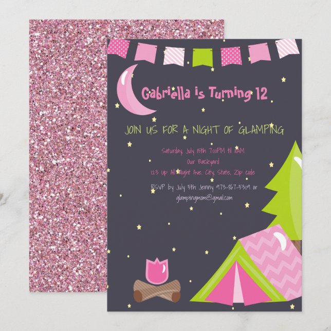 Invitación Chicas glamentan/acampan fiesta de cumpleaños (Anverso / Reverso)