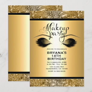 Invitación Chicas Glamour Dorado Maquillaje Pestañas Evento F