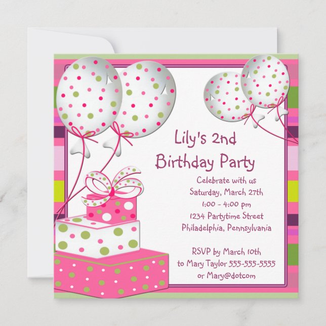 Invitación Chicas globos rosados Cumpleaños 2 (Anverso)